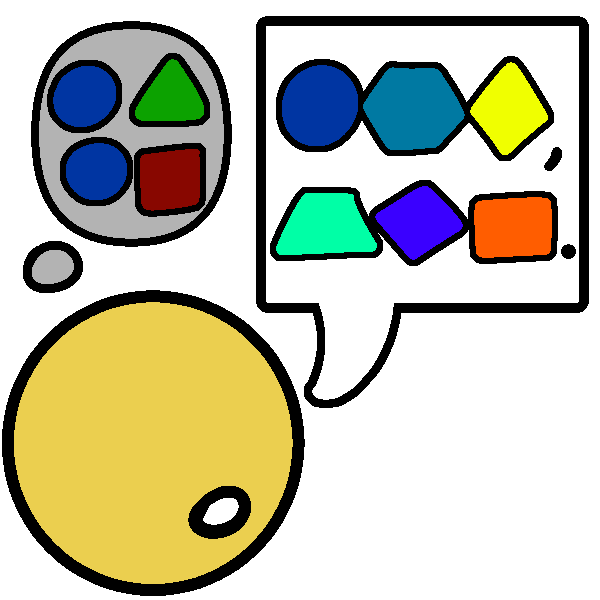 A simplified drawing of a person thinking of circles, a triangle, and a square, with many different shapes in different colors in the speech bubble.